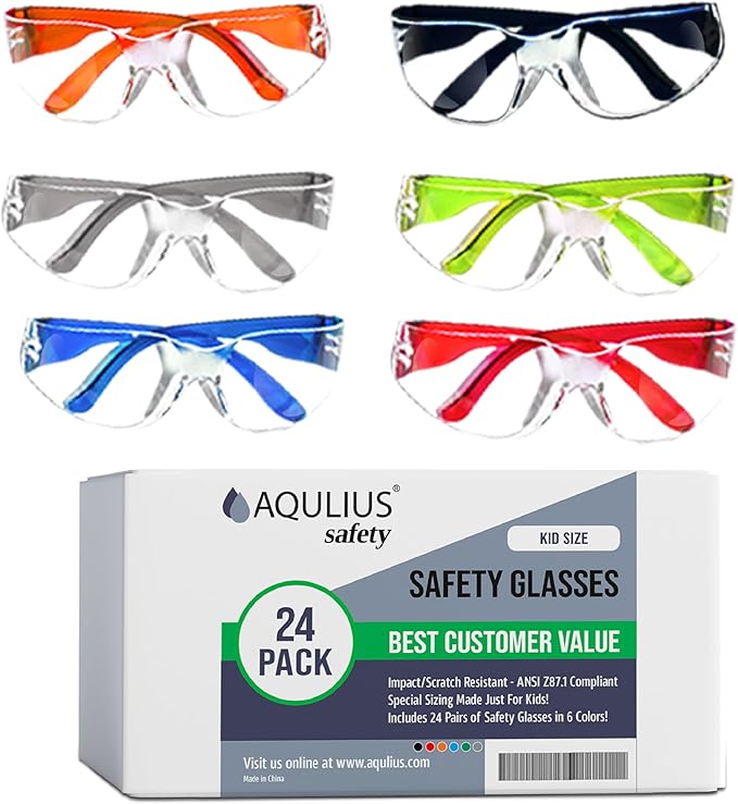 Aqulius Kids Safety Glasses & Goggles - 24 Pack, Kids Size, Assorted Colors - ANSI Z87 Rated Protective Eyewear - Science Party Supplies & Youth Safety Glasses