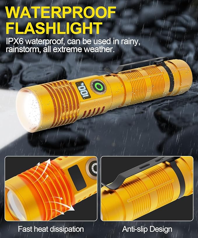 Rechargeable Flashlight High Lumens- Super Bright Magnetic Flash Light with Power Digital Display,3280Ft Long Range,Dimmable,Waterproof,Pocket Tactical LED Flashlights for Emergency,Gold 1PC