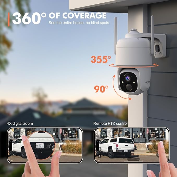 Dzees 360° PTZ Security Cameras Wireless Outdoor WiFi, 2K Battery Powered Home Security Camera Indoor, Spotlight & Siren, Color Night Vision, 2-Way Talk, AI Motion Detection, IP66, SD/Cloud 4-Pack