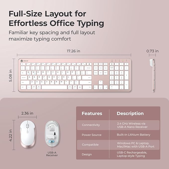 iClever GK08 Wireless Keyboard and Mouse Combo, USB-C Rechargeable Full-Size Keyboard with Numeric Keypad, Quiet Scissor Keys, 2.4 G Plug and Play, Compatible with Mac MacBook Windows PC Laptop