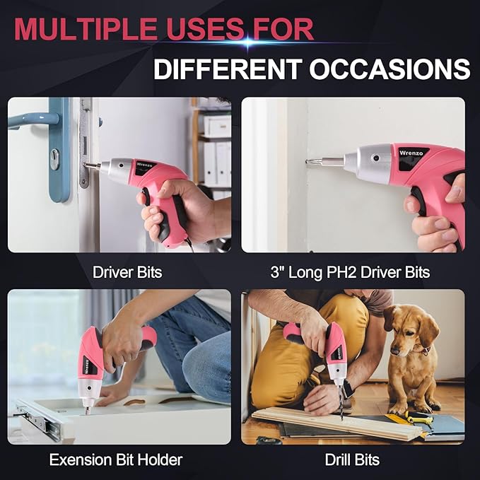 Electric Screwdriver, 3.6V Cordless & Rechargeable Screwdriver Set, 28pc Drill Set with Led Lights, USB Charging Cable, Tool Knife, Pink