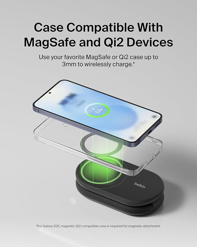 Belkin MagSafe-Compatible Charger, 2-in-1 Magnetic Foldable Charger 15W - Qi2-Certified Wireless Charging for Apple iPhone 16, Apple Watch, Samsung Galaxy S25 w/Non-Slip Base, PSU Included - Black