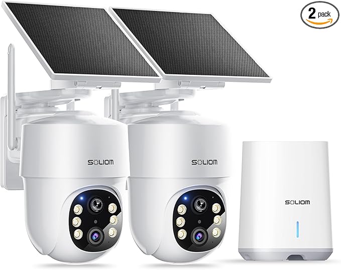 SOLIOM- 5MP Security Cameras Wireless Outdoor, No Subscription,2-Cam Pack, Solar Powered Home Security Camera with 360° Auto Tracking, Pan & Tilt, 3K Color Night Vision,5G & 2.4G Router Compatible