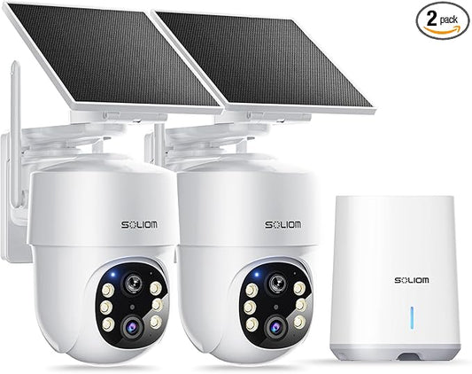 SOLIOM- 5MP Security Cameras Wireless Outdoor, No Subscription,2-Cam Pack, Solar Powered Home Security Camera with 360° Auto Tracking, Pan & Tilt, 3K Color Night Vision,5G & 2.4G Router Compatible