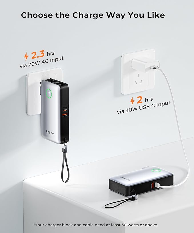 Portable Charger Power Bank - Battery Pack 35W AC Plug GaN 10000mAh Built in Cable USB C Phone Fast Charging Powerbank Compatible with iPhone 16 15 14 13 12 11 X iPad MacBook Samsung (White)