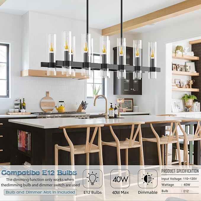 Modern Black Island Rectangle Chandelier with Clear Glass,48” Adjustable Height Modern Linear Light Fixture 12 Light Dining Room Chandelier Over Table for Dining Room Kithen Island