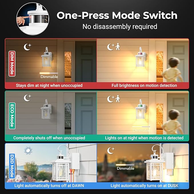 Outdoor Wall Light with GFCI Outlet, 2-Pack Motion Sensor Exterior Lighting Fixtures Wall Mount, White Front Porch Lantern Wall Sconce, Outdoor Garage Lights with Adjustable Sense Range