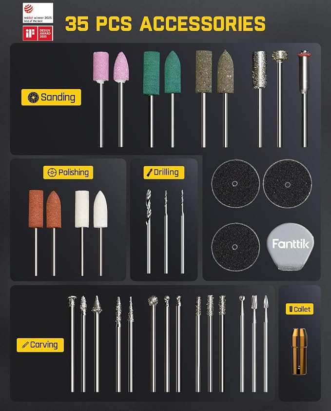 Fanttik F2 Master Mini Cordless Rotary Tool Kit, NeoPulse Motor, 5 Variable Speed, 25000 RPM, Revostor Hub, 35 Accessories, for 3D Printer Sanding, Polishing, Drilling, Carving, DIY Crafts