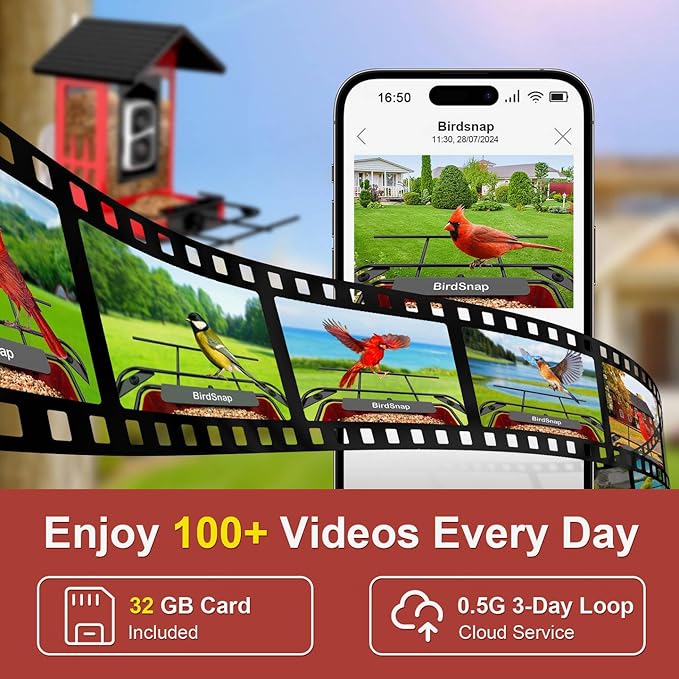 birdsnap® APS - Metal Bird Feeder with Camera Solar Panel 32GB Card, AI Identify 10000+ Birds Camera Feeder, 3 DIY Add-ons, 2K HD Live View Auto Record Bird Video, Ideal Gift for Birds Lover