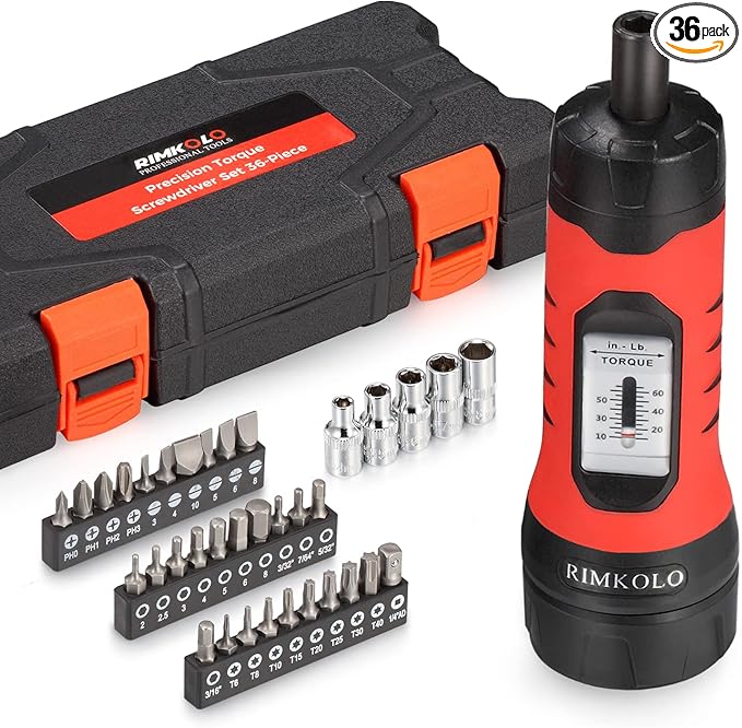 Torque Screwdriver Wrench Set (10-65 In.lb ±1) with 29 S2 Alloy Bits & 5 Drive Sockets | 1/4" Socket Adapter for Tools, Bike Repair, Mounting | Includes Portable Case