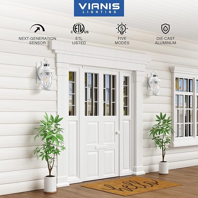 VIANIS Motion Sensor Outdoor Wall Light Fixtures, 2-Pack White Dusk to Dawn Front Porch Lights, Anti-Rust Outdoor Lanterns Wall Mount with Adjustable Sense Range, Exterior Coach Light for Garage