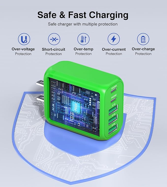 50W USB C Wall Charger Block,5-Port C Charger Fast Charging Block PD Power Adapter +QC 3.0 Multiport Type C Box Charger Cube USB A Wall Plug for iPhone 16/15/14/13 Pro Max Plus,Samsung(Green)(2-Pack)