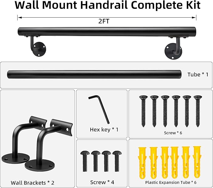 24 Inch Metal Stair Handrail Indoor- 2 FT Square Pipe Wall Mount Handrial, Outdoor Railings for Garage Porch Patio Steps, Deck Hand Rail, Iron Banister Railing