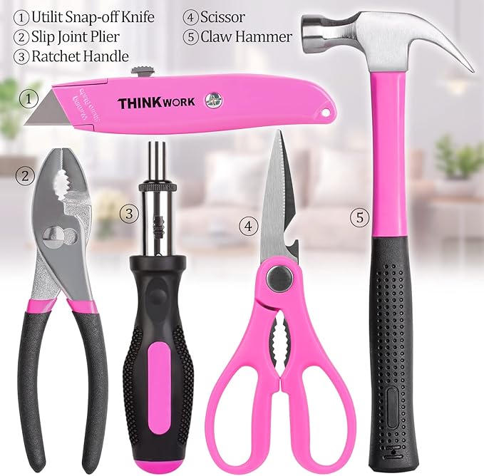 THINKWORK 41 Piece Pink Tool Set - Lady's Hand Tool Set with 3.6V Rotatable Electric Screwdriver, Home Repairing Tool Kit for Women with Large Mouth Open Tool Bag, Perfect for Home DIY, Daily Use