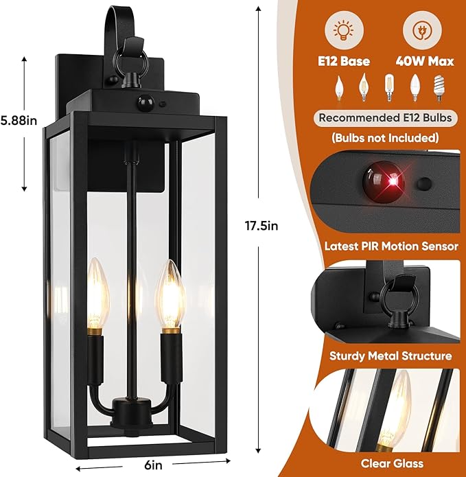 BesLowe 17.5” Upgraded Motion Sensor Outdoor Wall Lights, Dusk to Dawn Porch Lights Outdoor Wall Sconces, 3 Lighting Modes Exterior Lighting Fixtures with Hooks, Black Outside Lights for House, 2-Pack