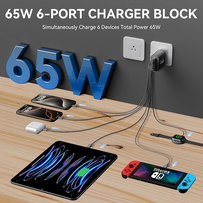 USB C Fast Charger Block, 65W GaN 6 Port USB C Wall Charger 30W Type C Charging Blocks, 3USB C+3USB A PPS/PD 3.0 Multiport Charging Cube for iPhone 16 15 14 13 Pro Max,for Galaxy S25 S24,2 Pack,Black
