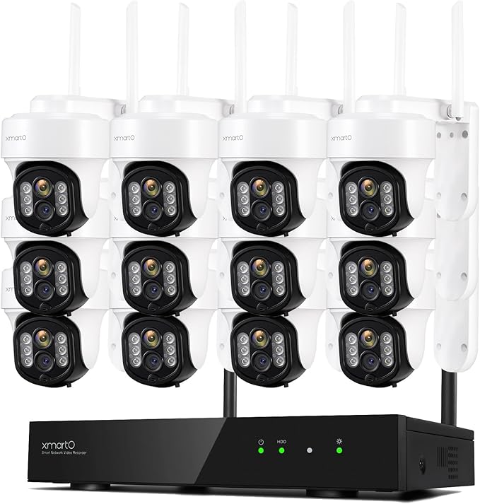 xmartO 16CH 12-Camera WiFi6 Security Camera System Wireless Outdoor/Indoor, 10CH 4K NVR with 4X 2K HD Dual Lens Cameras with Auto Tracking, 1TB HDD (Plug-in 24/7 Surveillance, Long Range WiFi)