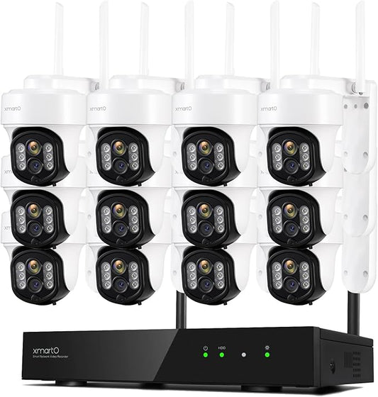xmartO 16CH 12-Camera WiFi6 Security Camera System Wireless Outdoor/Indoor, 10CH 4K NVR with 4X 2K HD Dual Lens Cameras with Auto Tracking, 1TB HDD (Plug-in 24/7 Surveillance, Long Range WiFi)