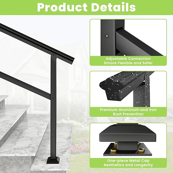 SPACEEUP Hand Rails for Outdoor Steps,4 Step Handrail，45" x 34" Fits 0 to 4 Steps, Outdoor Stair Handrail Kit, Black Railings for Outdoor Steps for Porch Deck，Hand Rails for Seniors