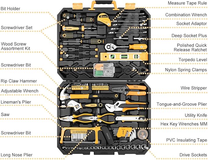 DEKOPRO 228 Piece Socket Wrench Auto Repair Tool Combination Package Mixed Tool Set Hand Tool Kit with Plastic Toolbox Storage Case