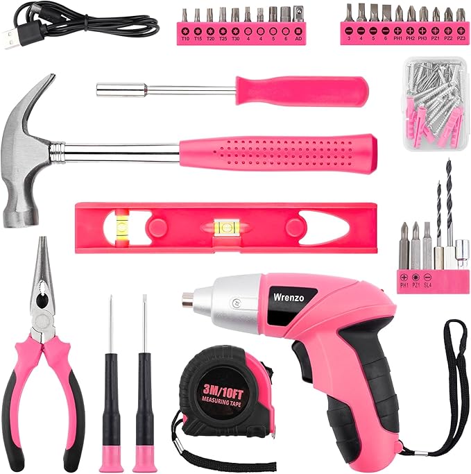 Drill Set, Cordless Drill, Small Tool Kit, 112pc 3.6V USB Tool Set, Tool Kit for Dorm, Cordless & Rechargeable, Pink Home Toolbox for Women, DIY Toolbox