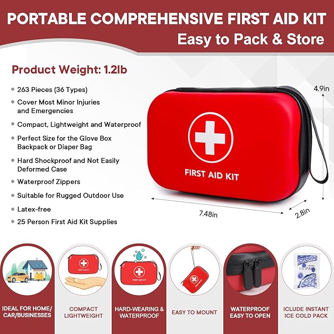 First-Aid-Kit-for-Car-Home-Travel-Camping-Businesses, Compact Waterproof Hard Case, Public Emergency Medical Kits - Perfect for Survival, Vehicle, Boat, Sports, Hiking, Office, Dorm (PUMIER)