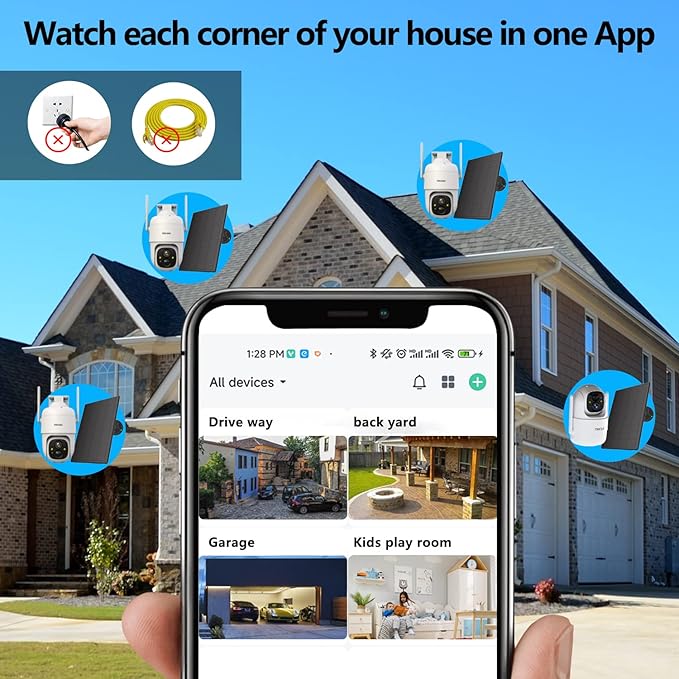 Wireless Solar Outdoor Security PTZ AI Motion Detection Audio WiFi Camera,Home Security,Spotlight Colorful Night Vision,360 View,IP65 Waterproof,PIR Alarm,Rechargeable