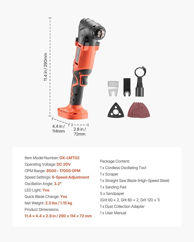 VEVOR Cordless Oscillating Tool, 20V Multitool Oscillating Tool with 6 Variable Speeds 8500-17000 OPM, 3.2° Oscillating Angle, 8PCS Saw Accessories & LED Work Light (Battery Pack Not Included)