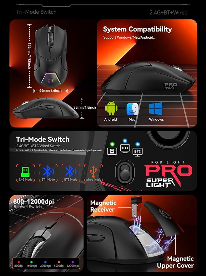 Wireless Gaming Mouse, PAW3311 Sensor, 12,000 DPI, 1,000Hz, Tri Mode (2.4G/Bluetooth/Wired), Ergonomic, USB C Rechargeable, 6 Programmable Buttons, Side Keys Mice for PC/Laptop/Mac (Black)