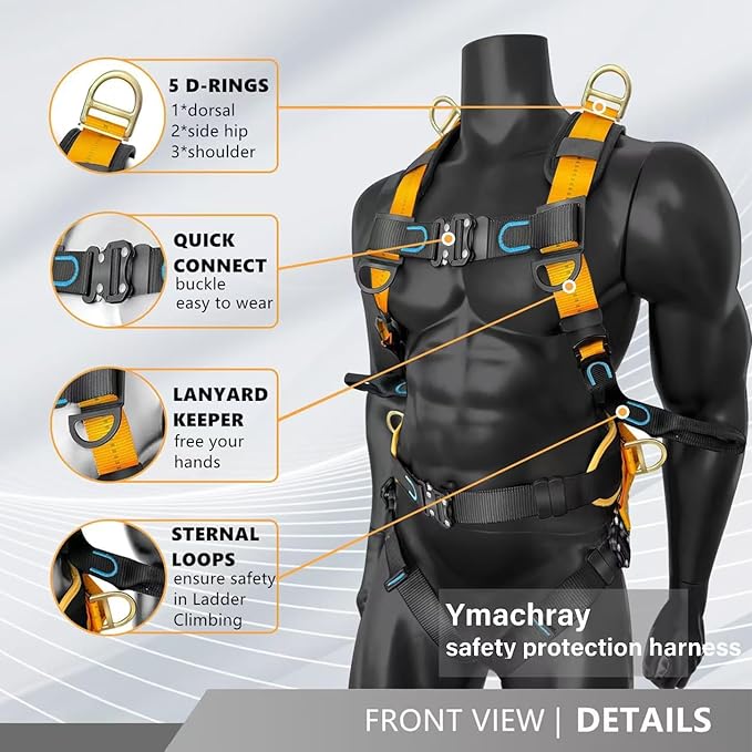Fall Protection Full-Body Safety Harness, Roofing Harness Kit Men Construction Harness,5 Heavy Duty D-rings&Upgrade 4 Quick Buckles(OSHA/ANSI)