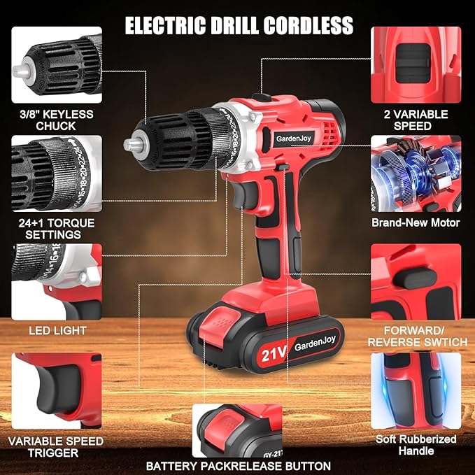 21V Power Drill Cordless Tool Kit Set, Electric Screwdriver Cordless Drill with Battery and Charger for Men Home, 3/8-Inch Keyless Chuck, Variable Speed, 24+1 Torque Setting with LED(Red)