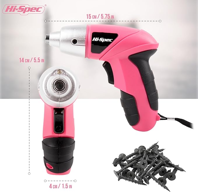 Hi-Spec Electric Screwdriver 27pc 3.6V Pink USB Small Power Screwdriver Set. Cordless & Rechargeable with Driver Bit Set