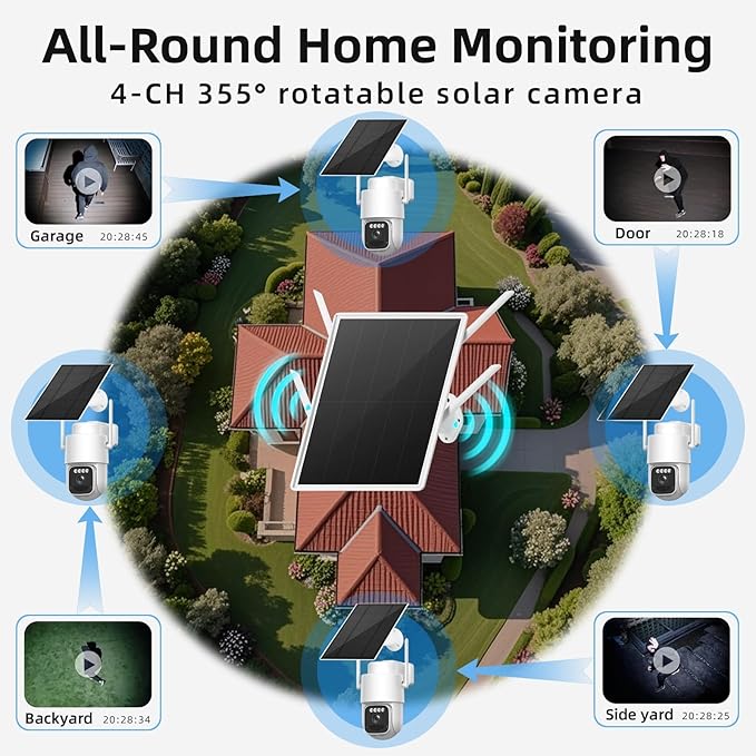 LCLCTEK® Solar 4G Security Cameras kit Wireless Outdoor,2K/4MP Video Home Security System with 4 Solar Cameras,Night Vision,Two-Way Audio,PIR Sensor,Support 4G sim Card,one-Step to use,APP Control