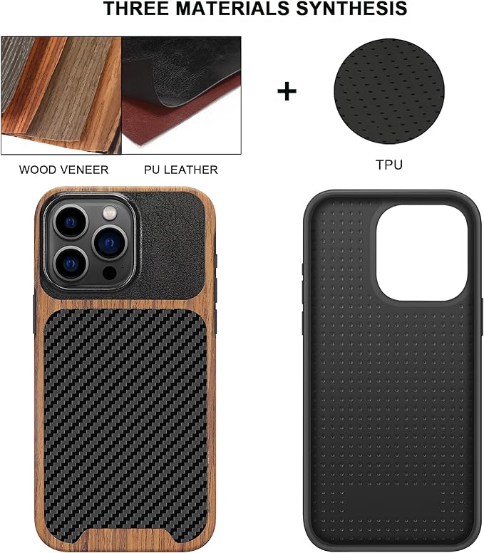 TENDLIN Compatible with iPhone 15 Pro Case Wood Grain with Carbon Fiber Texture Design Leather Hybrid Slim Case (Black)