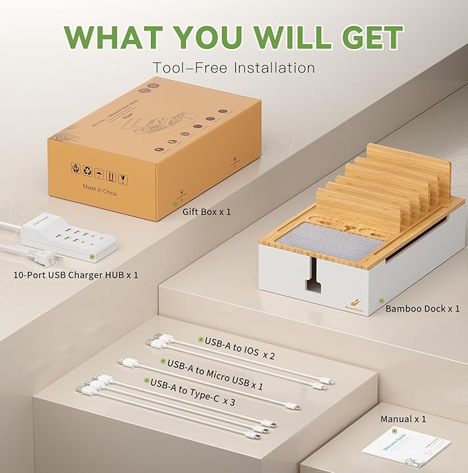 Pezin & Hulin Bamboo Charging Station for Multiple Devices, USB Charger Dock Organizer, with Power Supply (10 Ports HUB), 6 Cables, Cable Management Organizer for Cell Phones, Tablets -Natural+White