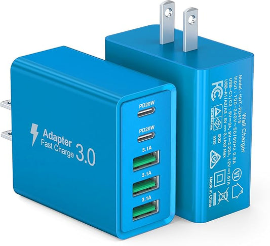[2-Pack] USB C Wall Charger, 50W USB C Charger Block 5-Port PD Fast Charging Blocks,2USB C+3USB A Multiport Plug,Type C Power Adapter Brick Cube for iPhone 16/15/14/Pro,iPad,Samsung,for Switch（Blue）