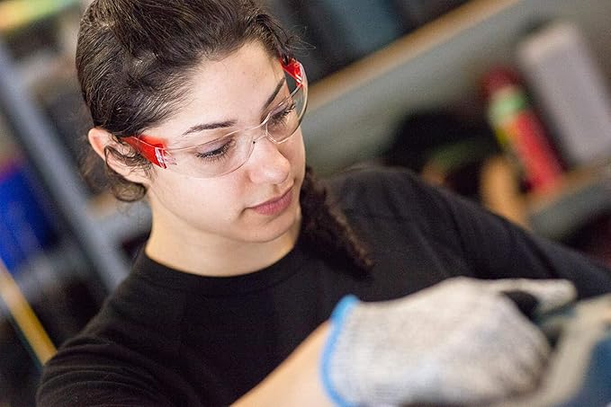 BISON LIFE Protective Safety Glasses, Clear Polycarbonate Impact and Ballistic Resistant Lens, RED (Case of 12 Boxes, 144 Pairs Total)