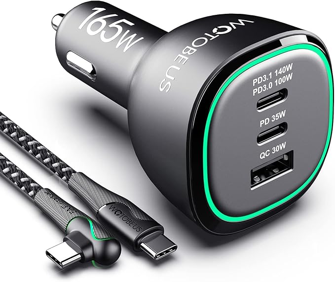 WOTOBEUS 165W Super Fast Car Charger Dual USB C Adapter: PD3.1/140W PD3.0/100W PPS45W QC5 & PD35W PPS25W - for iPhone 16 15 14 Samsung Galaxy S25 S24 Ultra iPad MacBook Pro Air Pixel Type-C Laptops