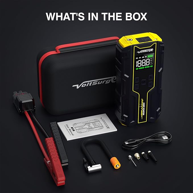 Car Jump Starter with Air Compressor, VoltSurge 6000A Peak 12V Battery Jumper Starter Portable Booster Pack, 150PSI Safe Jump Box with LED Light(Up to 10L Gas/8L Diesel Engine)