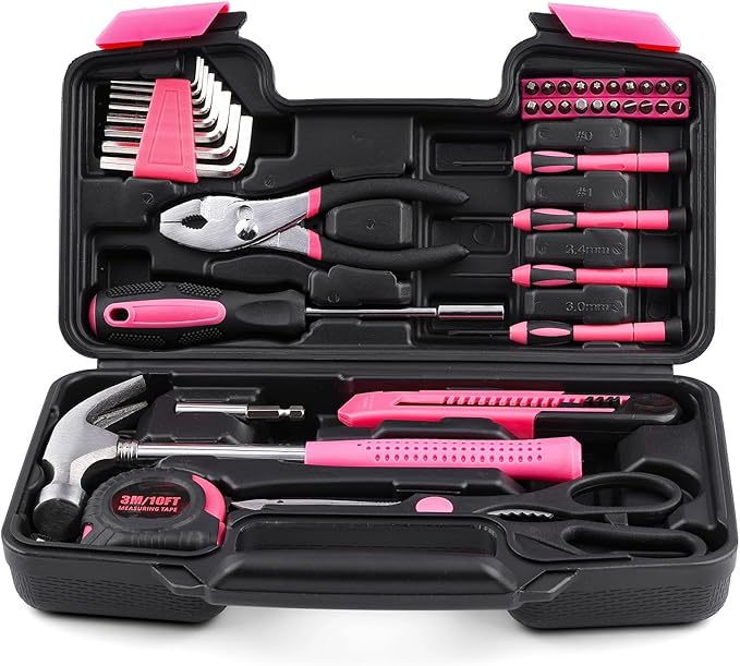 SenHodyu Pink Tool Set for Women-40 Piece General Household Hand Tool Box with Plastic Toolbox Storage Case Tool Kit (Pink)
