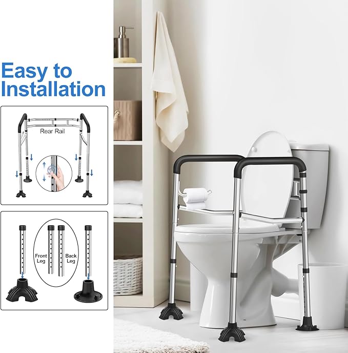 Toilet Safety Rail, 380LB Stainless Steel Toilet Frame with Padded Handles&Paper Holder, Adjustable Detachable Handicap Toilet Rails, Foldable Toilet Support Frame for Elderly