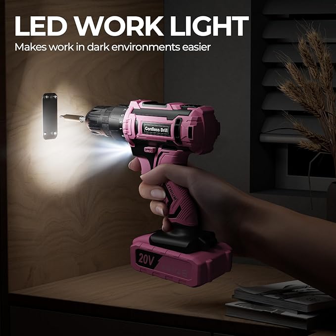 Pink Cordless Drill Set, Double 2000mAh Power Pack Electric Power Drill for Women, 20V Lightweight Electric Screwdriver Driver with Power Pack & Charger, 3/8" Keyless Chuck, Womens Tool Kit for House
