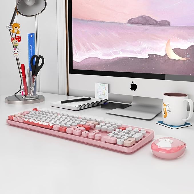 Wireless Keyboard,KOOTOP Cute Colorful 104 Keys Typewriter Retro Round Keycaps Keyboard for PC Laptop,Desktop,Windows, Home and Office Keyboards (Pink)