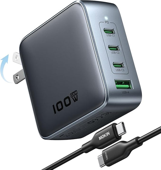 USB C Charger Block 100W, 4 Port GaN Charger USB C Fast Charging Station Foldable Compact Wall Charging Power Adapter for MacBook Pro/Air, Dell XPS, iPad Pro, iPhone 16/15, Galaxy S24, and More