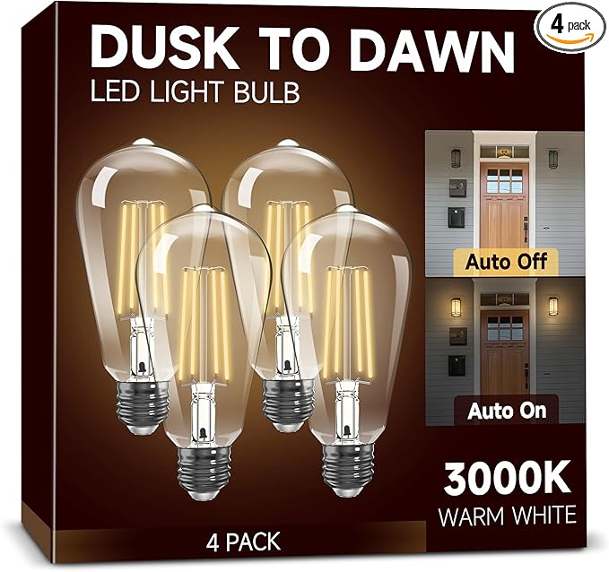 Dusk to Dawn Light Bulbs: Outdoor Light Bulbs, 6W Equivalent 60W Edison Bulbs, 3000K Warm White, Vintage 600LM LED Outdoor Lighting, E26 Base, Photocell Sensor, Automatic Bulb for Porch Patio, 4 Pack