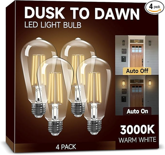 Dusk to Dawn Light Bulbs: Outdoor Light Bulbs, 6W Equivalent 60W Edison Bulbs, 3000K Warm White, Vintage 600LM LED Outdoor Lighting, E26 Base, Photocell Sensor, Automatic Bulb for Porch Patio, 4 Pack