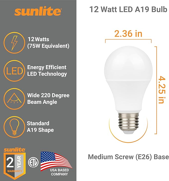 Sunlite 80859-SU LED A19 Light Bulb, Non-Dimmable 12 Watt (75W Equivalent), 1100 Lumens, Medium (E26) Base,ETL Listed, 3000K Warm White, 3 Count