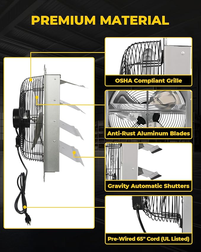 VENTISOL 18 Inch Shutter Exhaust Fan, Ven Fan with Power Cord Wall Mount, High Speed 2,500 CFM for Garages, Attic, Shops, Greenhouse