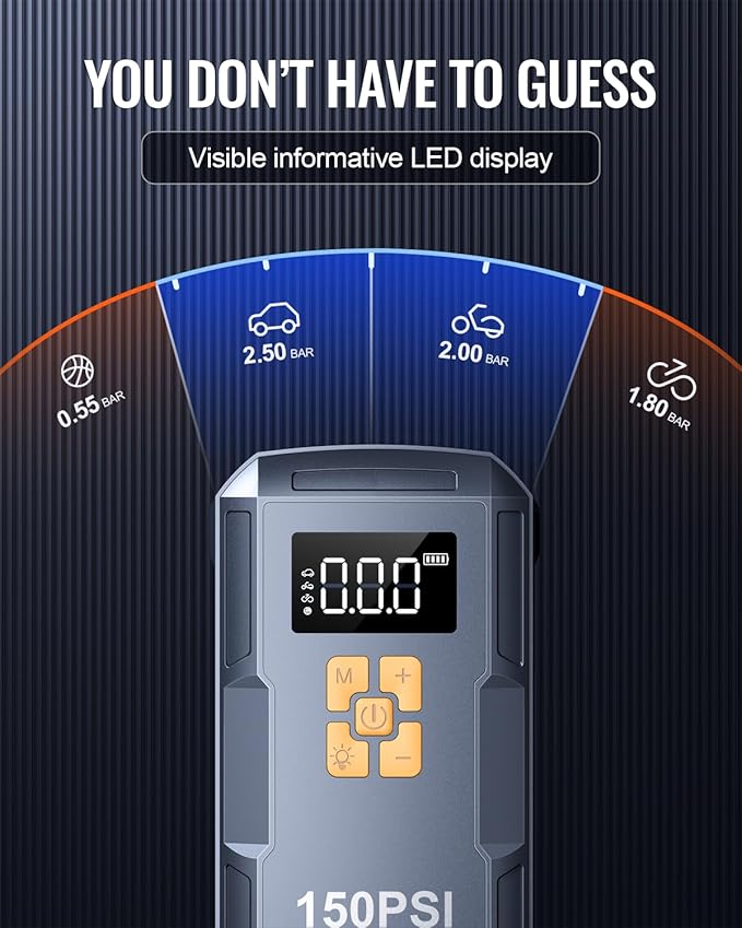 Portable Car Jump Starter with Air Compressor, 150PSI Jump Box Battery Pack with Digital Tire Inflator,12V Booster Pack with Large LCD Display, Emergency Light