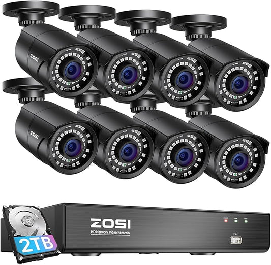 ZOSI 8MP 4K PoE Home Security Camera System Outdoor, H.265+ 8CH PoE NVR (16CH Expandable) with 2TB HDD for 24/7 Recording, 8PCS 5MP(3K) Bullet PoE IP Cameras, Motion Detection, Remote Control